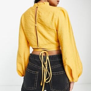 River Island Linen Crop Top With Tie Detail In Yellow